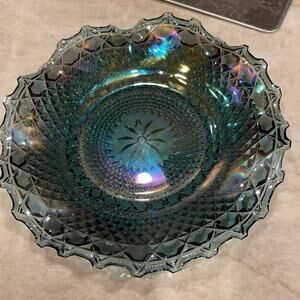 Vintage Indiana Glass carnival glass blue scalloped dish